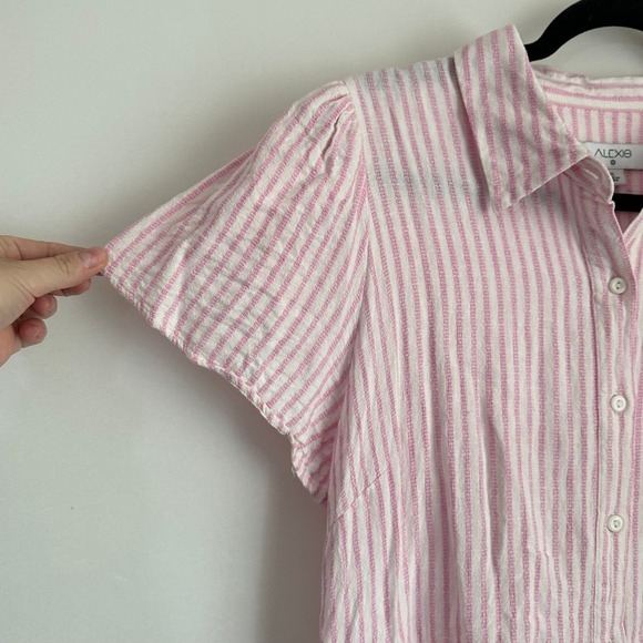 Alexis Linen Blend Pink Striped Button Down Shirt Dress Short Sleeve Casual XL - Picture 4 of 10